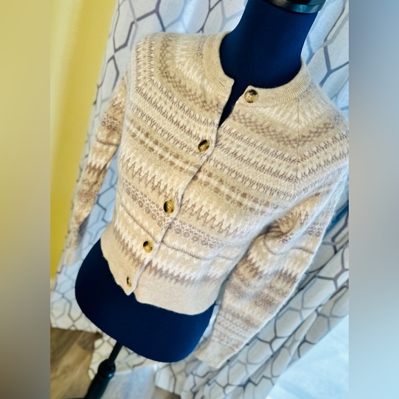 EUC White + Warren Warm Neutral Cashmere Fair Isle Cardigan Sweater - Picture 6 of 13